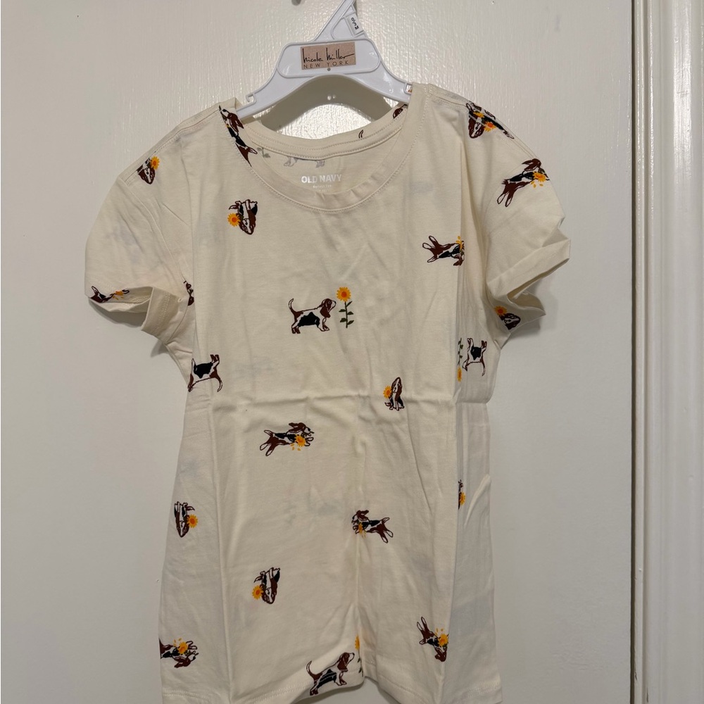 Old Navy Cream Kids Tee with Dog and Flower Print